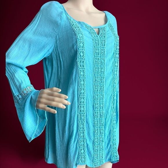 Krazy Kay turquoise blouse bell sleeve - Picture 3 of 8